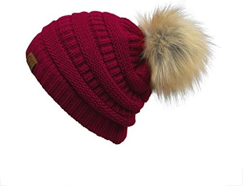 BYSUMMER C.C Soft Stretch Cable Knit Faux Fur Pom Pom Beanie Hat (Burgandy)