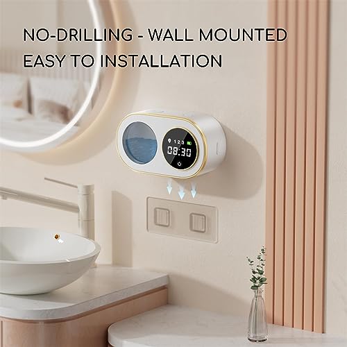 TERRIFI Wall Mount Automatic Foaming Soap Dispenser with Digital LED Clock, 3000mAh Rechargeable, 12oz Capacity, IPX5 Waterproof, Smart Electric Hand Soap Dispenser for Bathroom & Kitchen, White