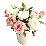 Artificial Flowers, Fake Flowers Silk 9 Heads Roses Bouquets Wedding Party Kitchen Home Decor 3PCS (pink-white)
