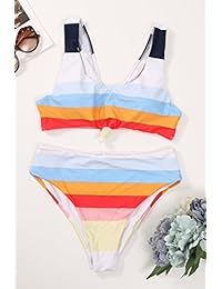 Honlyps Traje de baño de dos piezas de cintura alta a rayas, traje de baño para mujer traje de baño deportivo de corte alto