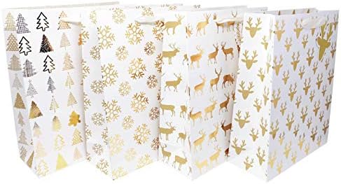 Holiday Gift Bags Large Size- 4 Pack Premium Bulk Variety Set with Matching Note Tags- 4 Beautiful White and Gold Winter Designs for Christmas Presents, Wrapping Stocking Stuffers