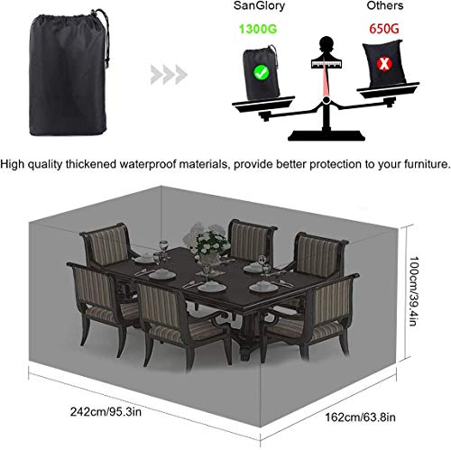 SanGlory Gartenmöbel Abdeckung, Atmungsaktiv Abdeckhaube für Tisch und Stühle, wasserdichte Oxford Gewebe Sitzgruppe Abdeckplane, Rechteckig Schutzhülle für Gartentisch (242x162x100cm) – Schwarz – Bild 3