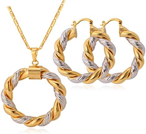 Two Tone Round Hoop Jewelry Set Earrings + Necklace Non Tarnish Stainless Steel Gold and Platinum Plated with Gift Pouch