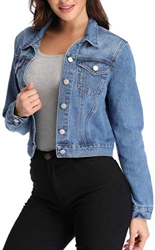 Women's Denim Jacket Washed Basic Button Down Cropped Jean Jacket w 2 Chest Pockets