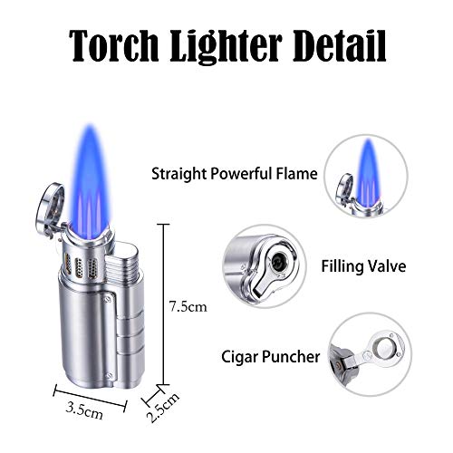 BS Cigar Lighter and Cutter Set,Cigar Punch Lighter Triple Jet Flame Butane Cigarette Torch Lighter(Silver)