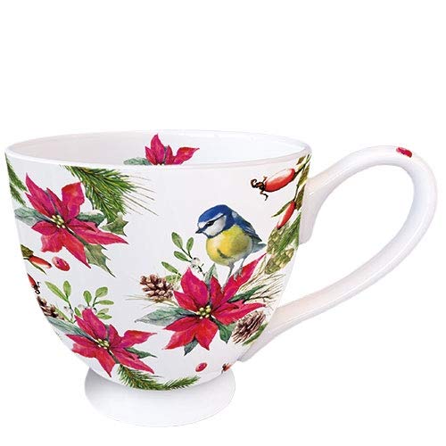 Ambiente Fine Bone China Christmas Mug 0.45 L Blue Tit On Poinsettia White