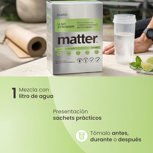 Matter U-nit Stronger, Electrolitos Sin Azucar Premium con Creatina Creapure®, Polvo para Mezclar, Hidratación y Rendimiento para Pre Entreno y Entrenamiento, Mix de Sabores, 1 Caja con 24 Porciones