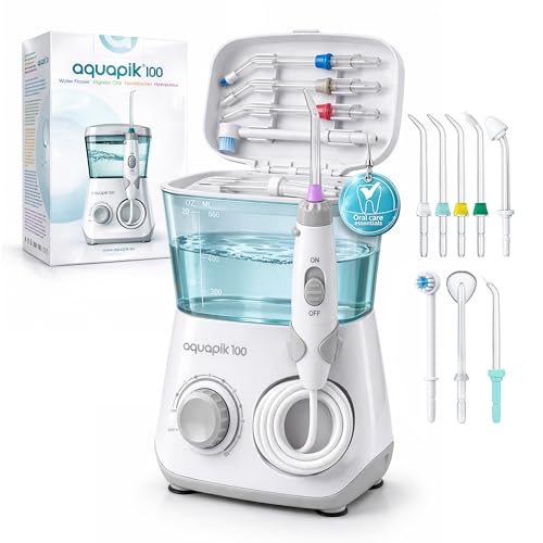 Aquapik® 100 Munddusche 600 ml 10 Stufen 8 Aufsätze Water Flosser Weiß.