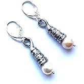 White Genuine Pearl from Japan Large Tibetan Silver Long End Cap Earrings Silver Plated French Ear Wire