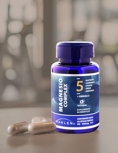 MAGNESIO 5 COMPLEX - Maklen Magnesio Complex - Glicinato, Citrato, Carbonato, Oxido e Hidroxido + Omega 3 - Capsulas Vegetales V-Caps® de 900 mg - Apoya Energia, Relajacion Muscular y Sueño
