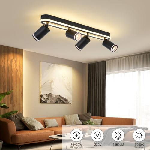 MYCUL Tech 4 Flames 350° Swivel, Ceiling Spotlight with Lower Glow 36W+4x5W Spotlights GU10,3000K Warm White Indoor LED Spotlights, Modern Ceiling Lamp, Spotlight for Kitchen, Living Room Black