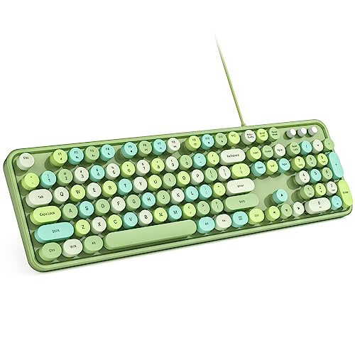 MOWUX Computer-Tastatur mit Kabel, Plug-and-Play, USB-Retro-Schreibmaschinentastatur, volle Größe, kabelgebundene Tastatur mit faltbaren Ständern für Laptop und