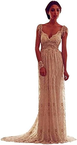 Ellenhouse Women's 2017 Long V-Neck Backless Lace Bohemian Wedding Bridal Dress