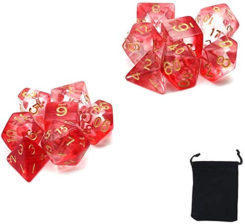 DollaTek Transparent Polyhedral Dice Set Table Games Dice 2 Sets Dice 2 x 7 (14 Pieces) Die Series D20 D12 D10 D8 D6 D4 DND dice DND RPG MTG Double Colors One Piece (Red)