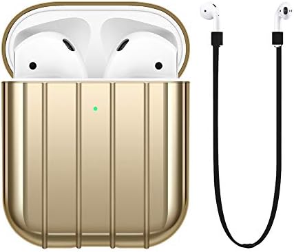 FRTMA Compatible with Apple Airpods 2 Charging Case Shockproof Non-Slip Protective Case [Front LED Visible] & Anti-Lost Strap(Champagne Gold)
