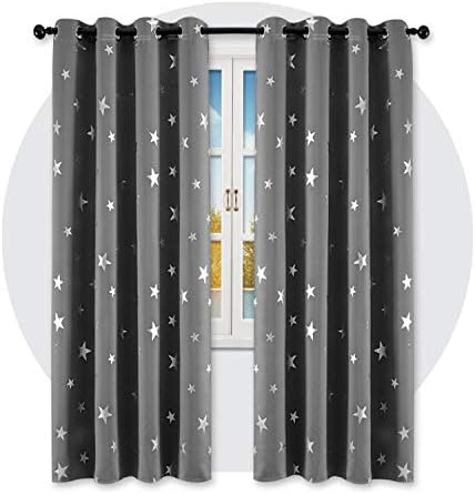 PANOVOUS Blackout Curtains Kids Bedroom Long Grey Nursery Curtains Thermal Curtain Super Soft Star Printed Kids Curtains Pair 46 x 90 Inch