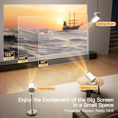 Video Projector with Wi-Fi 6 & Bluetooth 5.4, Built-in Apps Supports 4K Full HD Mini Video Projector, Android 14, Auto Keystone, 2026 Upgraded Projector for HDMI/iPhone/USB White