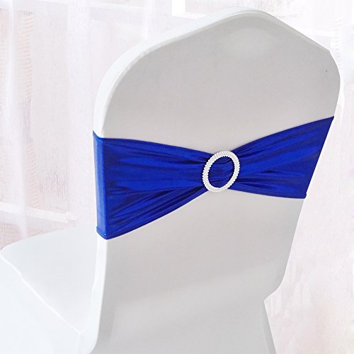 50PCS Spandex Chair Sashes Bows Elastic Chair Bands With Buckle Slider Sashes Bows For Wedding Decorations (Metallic Blue)