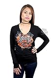 Harley-Davidson Womens Frozen Roadway Floral with B&S V-Neck Black Long Sleeve T-Shirt - SM