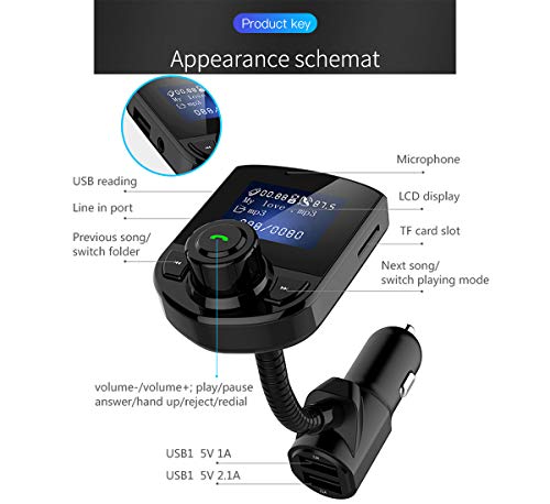 AZWang Bluetooth Car Adapter(Upgraded Version),Bluetooth Transmitter,Bluetooth Aux Adapter with Quick-Charge, 3 USB Ports, 6 Music Playing, Hands-Free Calls, AUX Input