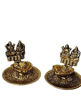 Anjaneya Store White Metal Golden Oxidized Laxmi Ganesh Ji Choki with Diya (Oil Lamp) Decorative Diwali Home Decoration & Gift Item Set of 2