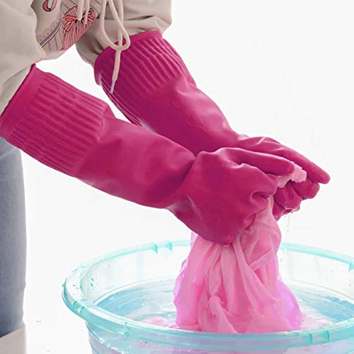 Malier Pack of 2 Pairs Rubber Cleaning Gloves, Extended Kitchen Dishwashing Gloves, Waterproof Reusable Household Cleaning Gloves with Cleaning Cloth (Rose Red, Large)