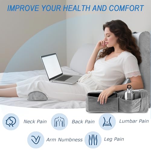 HOMCA Reading Pillow for Bed and Sofa with Removable Neck Pillow and Armrests, Pillows for Reading/Relaxing/Watching TV, with Pocket and Washable Cover (38x47x57cm)