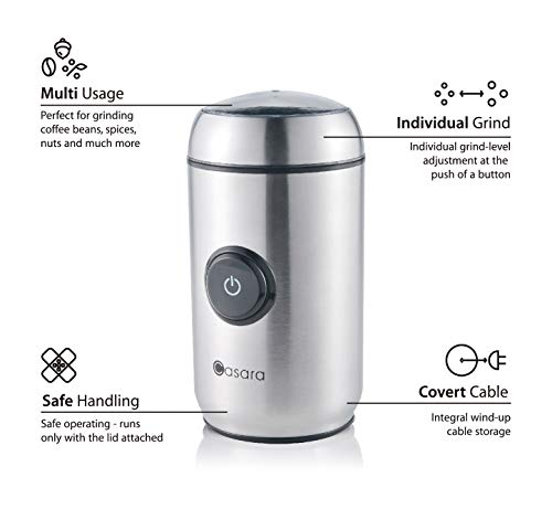 Casara Coffee Grinder - Electric Coffee grinder with Stainless Steel Blades, Blade Coffee Grinder with Powerful Motor for Coffee Beans, Spices, Nuts, Grains, One touch operation Electric Spice Grinder