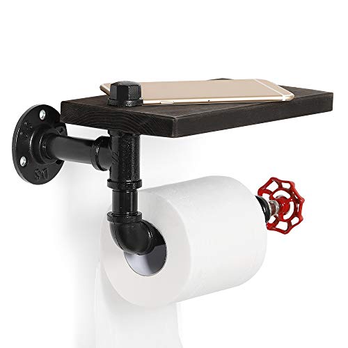 JS NOVA JUNS Paper Tower Holder Wall Mount, Industrial Toilet Paper Holder with Wood Shelf, Wrought Iron Pipe Tissue Holder for Bathroom, Washroom, Black