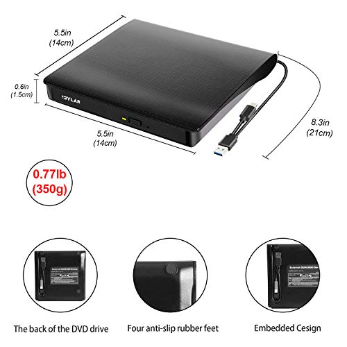 iGylar External CD Drive, USB 3.0 & Type C External DVD CD Player, Plug & Play Burner High Speed Data Transfer DVD Player for Laptop Notebook PC Support Windows/Vista/7/8/10, Mac OS & Linux (Black)