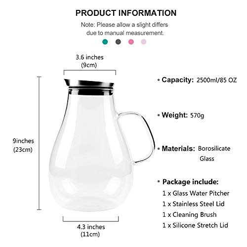2.5 Liter Glass Pitcher with Lid, 3/5 Gallon Ice Tea Pitchers, 2.6