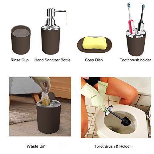TEKITSFUN Brown Bathroom Accessories Set, 6 Pieces Plastic Gift Bath Accessory Set Luxury Ensemble Includes Toothbrush Holder,Toothbrush Cup,Soap Dispenser,Soap Dish,Toilet Brush Holder,Trash Can