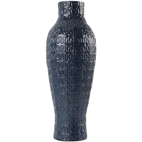 DECO 79 METAL DECORATIVE VASE DIMENSIONAL TEXTURED CENTERPIECE VASE WITH WAVY PATTERN, FLOWER VASE FOR HOME DECORATION 9″ X 9″ X 24″, DARK BLUE