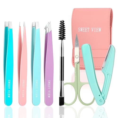 SWEET VIEW 7pcs Eyebrow Tweezers Kit for Women Precision Plucker with Brow Scissors & Razor & Spoolie for Facial, Chin, Brow, Splinter and Ingrown Hair