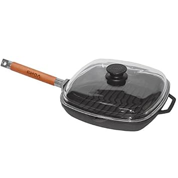 Gusseisen Grillpfanne mit abnehmbarem Griff Induktion (28x28 mit Glasdeckel)