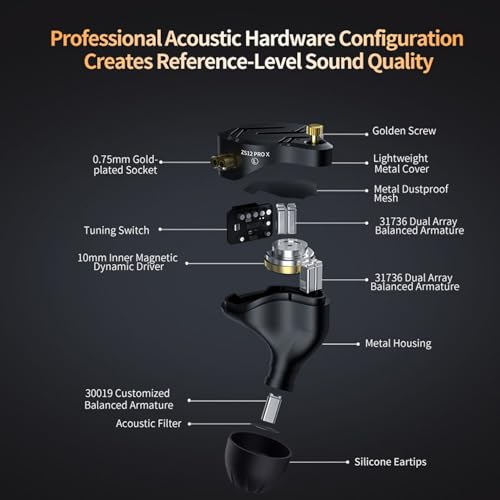 KZ ZS12 PRO X EMI In-Ear Headphones, 1DD+5BA Hybrid Wired Gaming Earphones, Best In Ear Monitor with 2 Pin Cable for Audiophile (Tunable Version, No Microphone)
