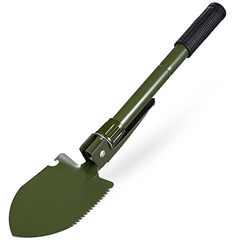 5 in 1 Folding Camp Shovel, Pick, Compass, Saw and Bottle Opener with Free Compact Carrying Case (Green)