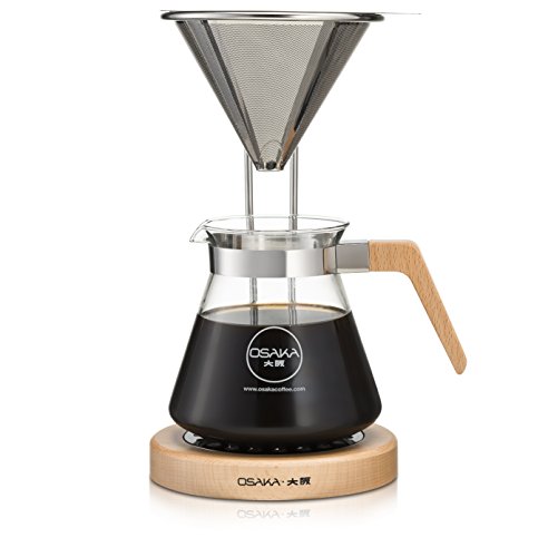 Osaka Pour-Over Coffee Dripper with Wood Stand - Full Brewing Set for a Homemade Pourover - 20oz. Capacity. 