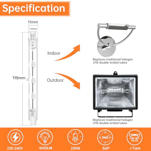 Tomosu 6 Pack R7s Halogen Bulb 118mm 230W Dimmable 230V 4650lm 2800k Warm White Energy Saving Tungsten Linear Bulbs Floodlight J118 Security Light Bulb