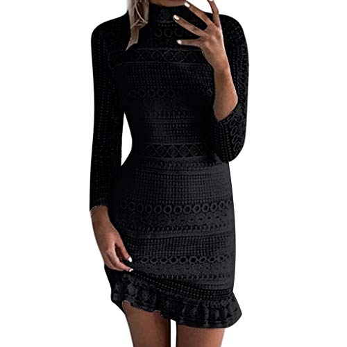 New in Respctful ♫♫Women's Floral Lace Crochet Hollow Out Long Sleeve Summer Bodycon Pencil Cocktail Party Mini Dress Black - Thumbnail 6