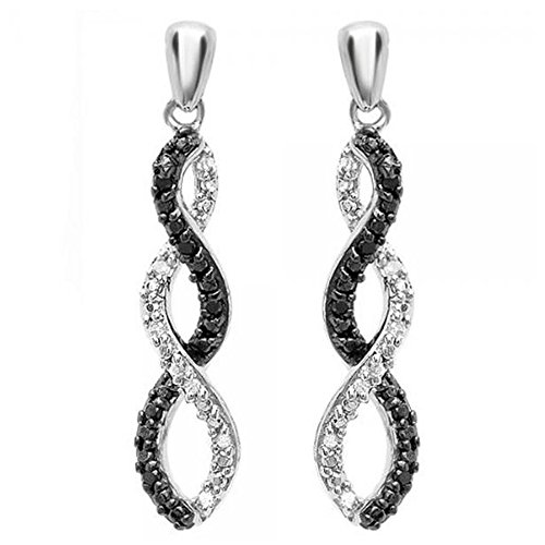 0.08 Carat (ctw) Sterling Silver Round Black & White Diamond Ladies Infinity Swirl Dangling Earrings