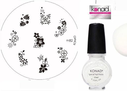 Konad Nail Art Manicure Stamping Kit Image Plate M82 "Tropical Flowers" + Special Nail Polish 11ml "White" + A-Viva Nail Buffer