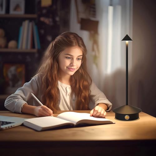 Sunsign Lámparas de Mesa Inalámbricas, Pequeña Lámpara de Escritorio Portátil,3 Temperaturas de Color y Regulable, Lámparas de Mesa para Dormitorio, para Sala de Estar, Restaurante (Negro)