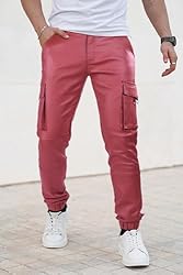 GINGTTO Mens Red Faux Leather Cargo Pants Slim Fit