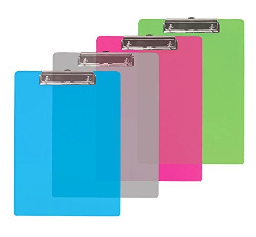Bazic 4 Pack Transparent Multi Color Low Profile Clipboard Set (Blue, Clear, Pink Green)