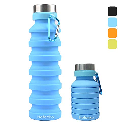 Nefeeko Collapsible Water Bottle, Reuseable BPA Free Silicone Foldable Water Bottle for Travel Gym Camping Hiking, Portable Leak Proof Sports Water Bottles with Carabiner, 18oz(Blue)