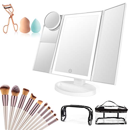 Makeup Vanity Mirror with Lights, 36 LED Trifold Cosmetic Makeup Mirror, 2x 3x 10x Magnification 180° Rotation Dual Power Supply 10 Makeup Brushes Set 2 Makeup Sponges 2 Cosmetic Bags 1 Eyelash Curler