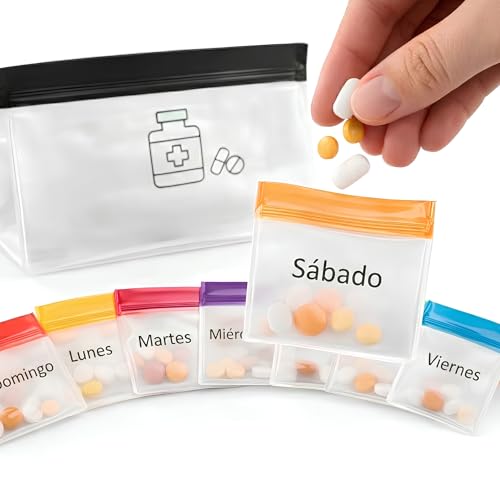 Pill Pouch Bags, Reusable 7-Day Durable Multi-Purpose Travel-Sized Container, Mini Pills Baggies, Clear Lockable Bags, Colored Days of the Week, Medicine Organizer Storage Pouches |Pill Cutter