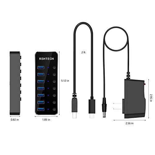 Powered USB HUB RSHTECH Type C to 7 Port USB 3.0 Hub Aluminum Portable Splitter with Individual On/Off Switches (7-Ports)