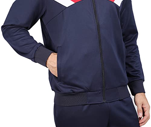 LUCKYOUNG Men’s Causal Tracksuits Set 2 Piece with Full Zip Jogging Running Sweatsuit Dark Blue Red Small